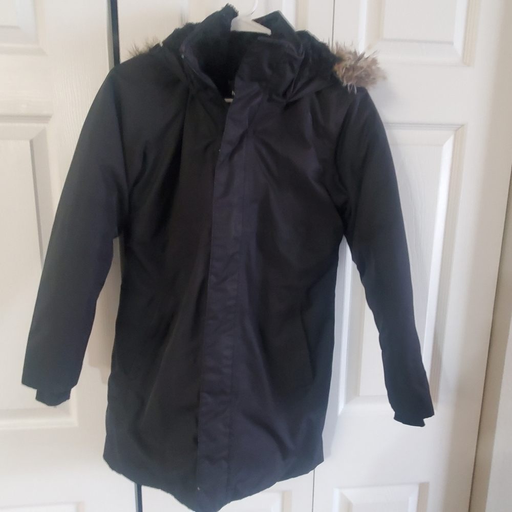 The North Face Girls Sz Large (14/16). Black Down Parka Faux Fur Jacket.
